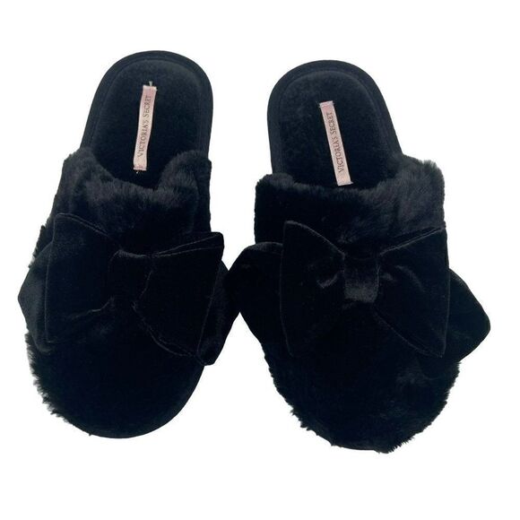 VICTORIAS SECRET PLUSH BOW SLIPPERS BLACK Small - Picture 1 of 9